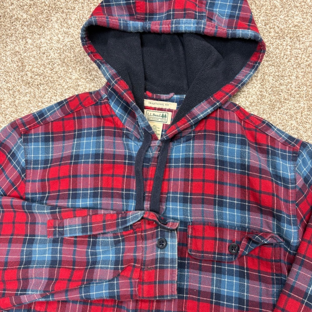 L.L. Bean Men's Fleece-Lined Flannel Shirt Jacket Hooded Plaid Medium Red Blue